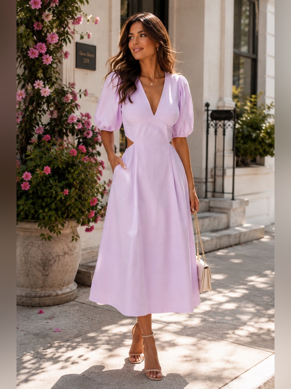 NWT Laundry By Shelli Segal Lilac Puff-Sleeve Midi Dress, US 14 (ptp 18-20”)